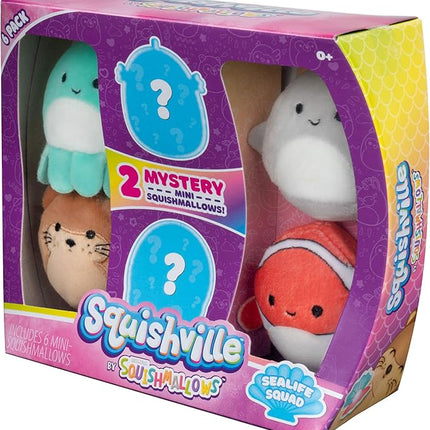 Squishville by Squishmallow Mini Plush Sealife Squad, Six 2” Sea Animals, Irresistebly soft Colorful Plush, Mini Shark, Otter, and Seahorse