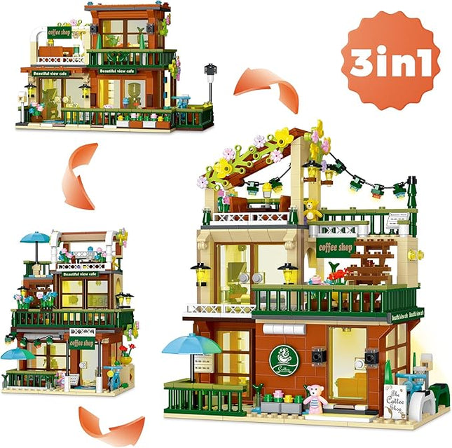 3 in 1 Coffee House Building Set with Light, 875 PCS City Cafe Shop Building Block Toy Architecture Construction Model for Adults Teens Kids Boys Girls Ages 8-12+
