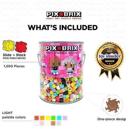 Pix Brix Pixel Art kit Puzzle Bucket - 1,500-Piece Kit with 11-Color Light Palette – Patented Interlocking Building Bricks for 2D and 3D Creations – STEM Toy for Ages 6+
