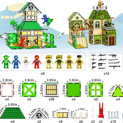 PicassoTiles 102pc Magnet Tile Building Block Ninja & Troop Theme Double Sided Printings 2in1 with 8 Character Figures Magnetic Tiles Construction Playset Fine Motor Skill STEM Educational Age3+ PTQ02