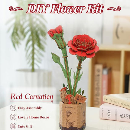 rowood 3D Puzzle Wooden Flower,DIY Artifical Flower Building Set Craft Kit for Women,Mother's Day/Valentine's Day/Teacher's Day/Thanksgiving/Christmas/Birthday Gift for Mom/Grandma-Red Carnation
