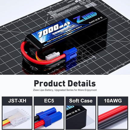 Zeee 4S Lipo Battery 7000mAh 14.8V 100C Soft Pack RC Battery EC5 Connector with Metal Plates for RC Car RC Truck RC Tank Racing Hobby