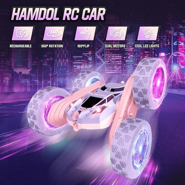 Remote Control Car, Double Sided 360°Rotating 4WD RC Cars with Headlights 2.4GHz Electric Race Stunt Toy Car Rechargeable Toy Cars for Boys Girls Birthday (Pink and Purple)
