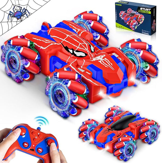 Spider Remote Control Car for Boys, Rechargeable RC Cars Toys with Cool Lights, 2.4Ghz Double Sided Drift RC Stunt Cars, 360°Rotating 4WD Off-Road Race Car for 4-6 6-12 Boy Kids Gifts