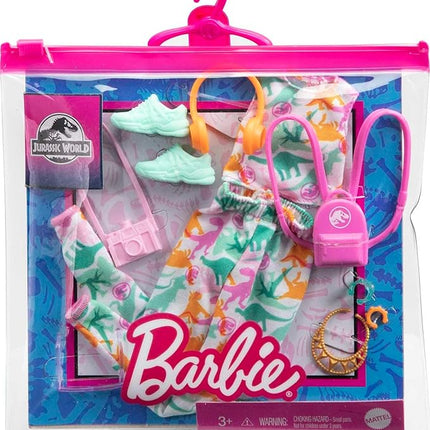 Barbie Fashion Pack of Doll Clothes Inspired by Jurassic World, Collectible Set Includes Crop Top & Jogger Pants with Dinosaur Print & 8 Accessories
