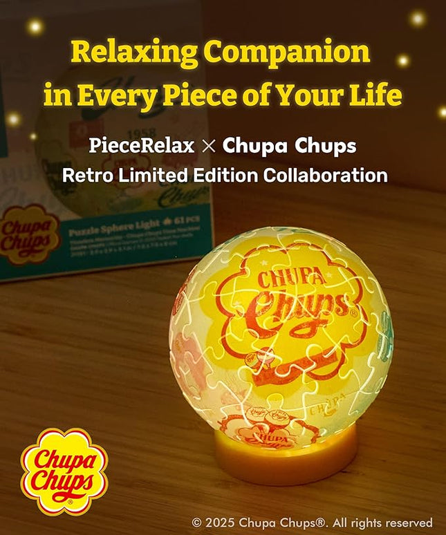 Chupa Chups X PieceRelax 3D Plastic Puzzle Sphere Light for Adults 60 Piece - Timeless Memories - Chupa Chups Time Machine Unique Gift & Home Décor with Curved Plastic Puzzle Pieces [J1151]