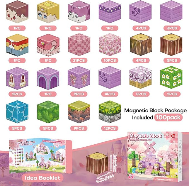 Magnetic Blocks, Magnetic Building Blocks 100pcs, STEM Sensory Toys with Princess Castle Build–Creative Magnet Tiles for Toddlers Ages 3+, Boys & Girls–Christmas Birthday Party Kids Gifts