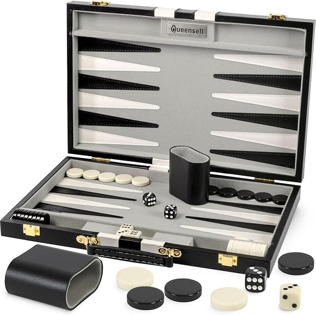 Backgammon Sets for Adults – 15-Inch Black PU Leather Board Game Set – Classic 2-Player Travel Backgammon Set with 32 Playing Pieces, Dice, and Cups