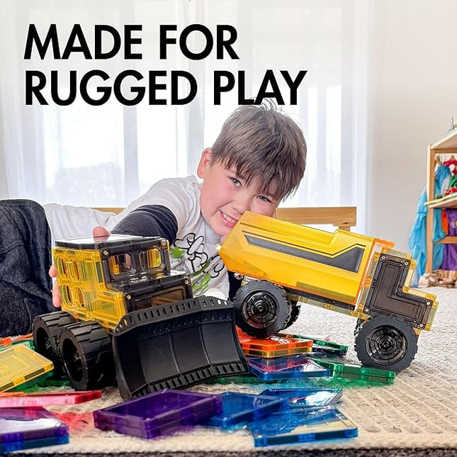 Learn & Grow Mega Movers - Magnetic Tiles Construction Trucks – Magnetic Build a Truck Set with 2 Jumbo Magnet Car Vehicles & Moveable Rubber Wheels – Durable STEM Building Toy for Kids Ages 3+