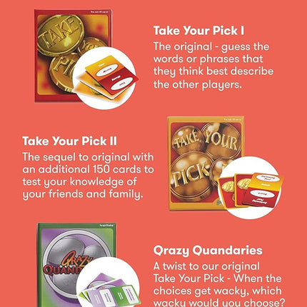 SimplyFun Take Your Pick 3 Pack Bundle - Family Card Games - Includes Take Your Pick I, II, & Qrazy Quandaries - Family Conversation Starter Cards for Kids & Adults - 3+ Players, Ages 10 & Up