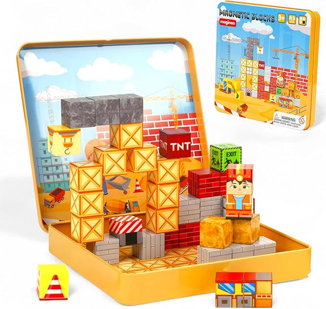49PCS Mini Magnetic Blocks Construction Set - STEM Toddler Toys with Portable Iron Box, Travel Magnet Cubes for Kids Ages 3-8, Educational Gift for Boys & Girls