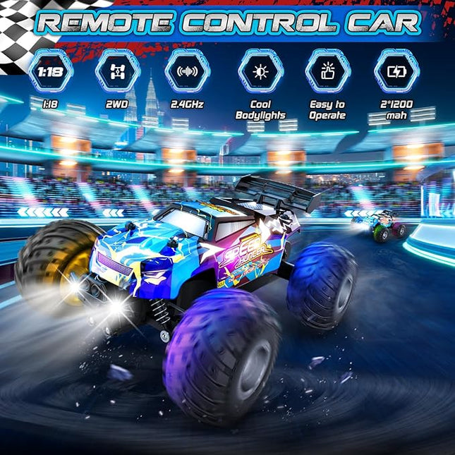 Remote Control Car, 1:18 2WD Off-Road RC Truck 20 KM/H, All-Terrain RC Cars with Headlights, BodyLights, 2.4GH Rechargeable Remote Control Monster Truck, Christmas or Birthday Gift Toys for Boys Girls