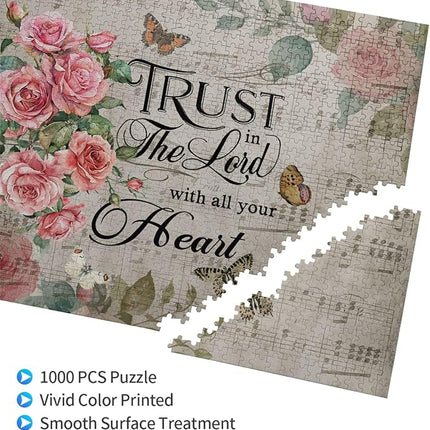 Christian Jigsaw Puzzles 1000 Pieces for Adults, Trust in The Lord Bible Quote with Roses & Sheet Music, Religious Wooden Puzzle for Stress Relief, Faith-Based Gift & Wall Decor