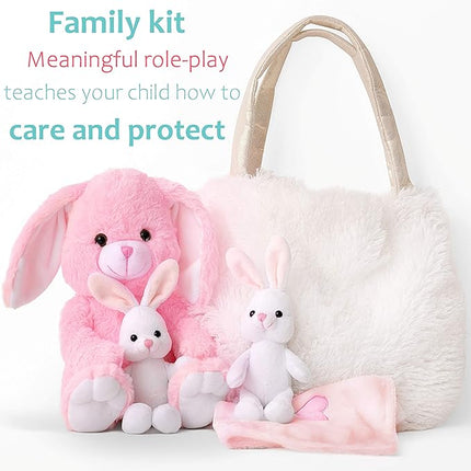 Perfectto Design Easter Gifts for Kids, Stuffed Bunny Toy 5 Pcs - Mommy Stuffed Rabbit, 2 Baby Bunnies and Furry Bag. Soft Easter Bunny Plush Gift for Kids 3-5