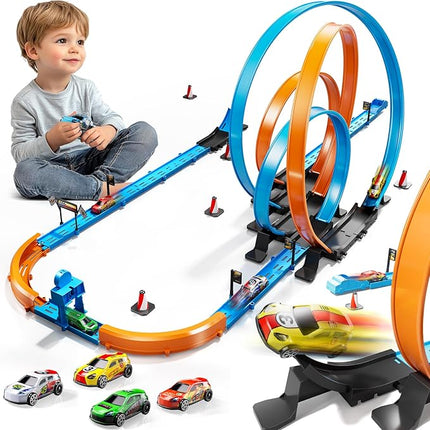 Toy Car Race Track Set for Boys Kids Age 3-5 4-7, Race Tracks with 4 High-Speed Pull Back Race Cars and Crash Zones, Christmas Halloween Birthdays Gifts Toys for Boys Kids 4-6 8-12 Years Old