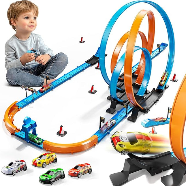 Toy Car Race Track Set for Boys Kids Age 3-5 4-7, Race Tracks with 4 High-Speed Pull Back Race Cars and Crash Zones, Christmas Halloween Birthdays Gifts Toys for Boys Kids 4-6 8-12 Years Old