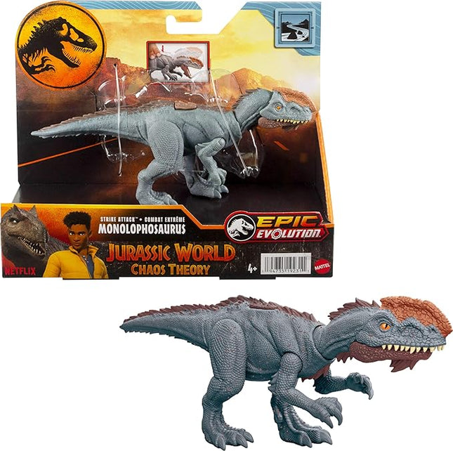 Mattel Jurassic World Strike Attack Dinosaur Toy with Single-Strike Action & Movable Joints, Monolophosaurus Action Figure Includes Digital Play