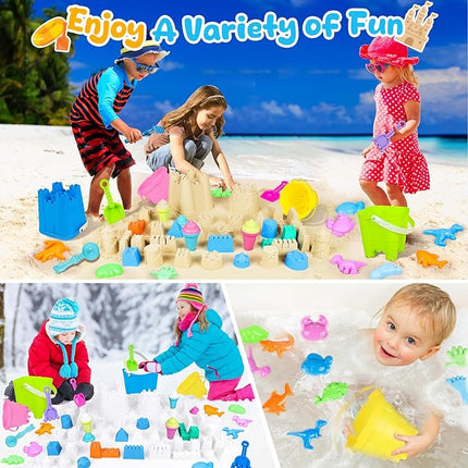 Beach Toys for Kids Toddlers, Sand Castle Toys with 4 Sand Bucket and Shovels, Mesh Bag & Molds, Ice Cream Travel Sandbox for Beach Sandbox for Toddlers Kids Baby Boys Girls Age 3-10