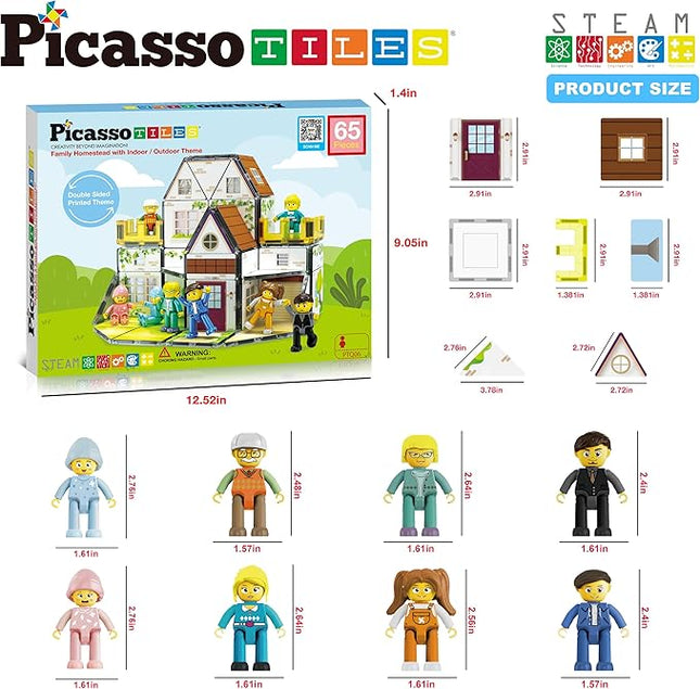 PicassoTiles Magnet Tile Building Block Family Homestead Doll House Theme Playset 8 Character Action Figures Double Sided Magnetic Tiles Printing STEM Education Learning Kit Toy Set Kids Ages 3+ PTQ06