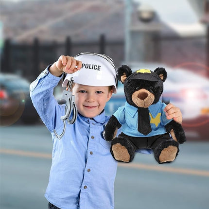 DolliBu Black Bear Police Officer Plush Toy - Super Soft Plush with Red Plaid Hoodie Stuffed Animal with Cute Cop Uniform and Cap Outfit - Gift with Personalization - 10 Inches