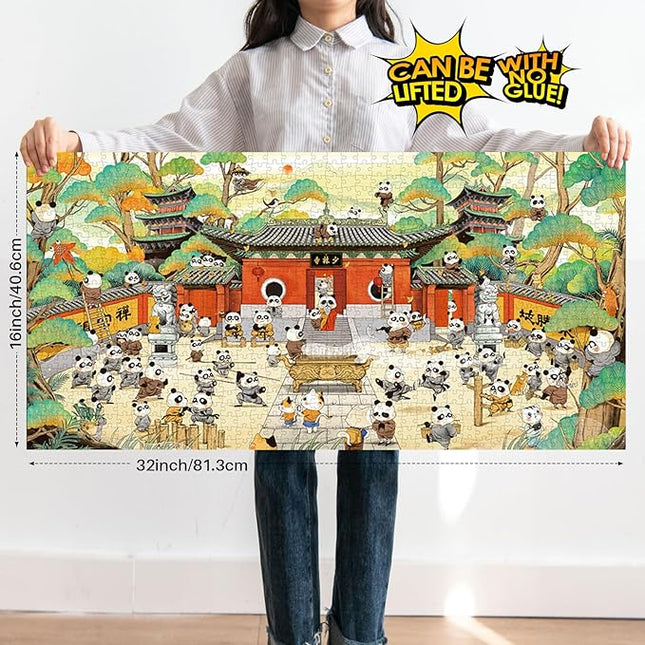 MOMIBOOK Puzzles for Adults 1000 Pieces Jigsaw Puzzles of Panda Shaolin Temple, Painting Image Chinese Difficult Challenging Hard Impossible Puzzle Unique Funny Party Christmas Birthday Gifts