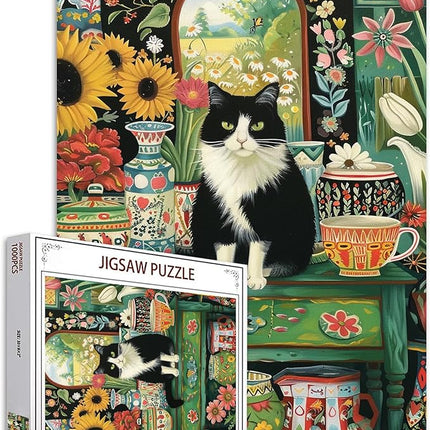 Cat Sit on Table Jigsaw Puzzle Kitten 1000 Pieces Puzzles Game Flower Floral Art Wall Decor DIY Craft Puzzle for Adults Gift for Friends and Family 20 x 27 Inch