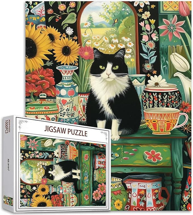 Cat Sit on Table Jigsaw Puzzle Kitten 1000 Pieces Puzzles Game Flower Floral Art Wall Decor DIY Craft Puzzle for Adults Gift for Friends and Family 20 x 27 Inch