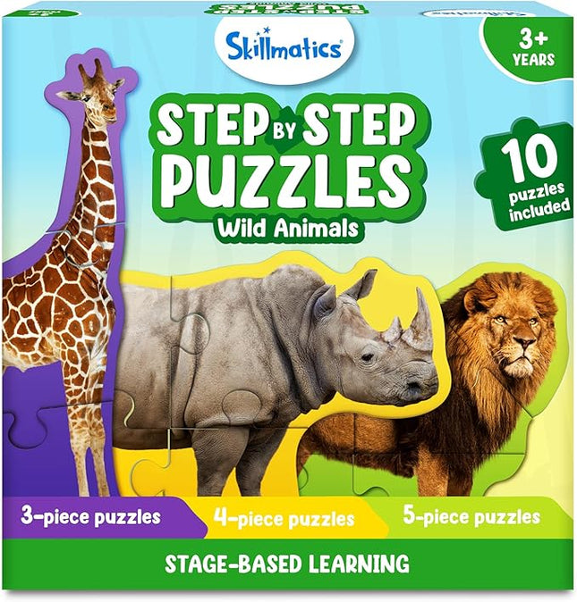 Skillmatics Step by Step Puzzles - 40 Piece Jigsaw & Toddler Puzzle, Montessori Educational Toy for Boys & Girls, Wild Animals, Travel Friendly, Gifts for Kids Ages 3, 4, 5 and Up