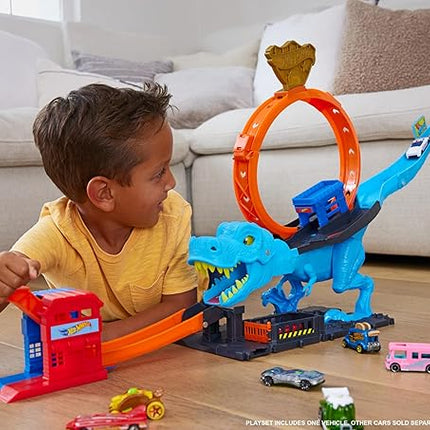 Hot Wheels City Track Set with 1 Toy Car, Race Through a Giant Loop to Defeat a Big Dinosaur, T-Rex Loop Stunt and Race Playset