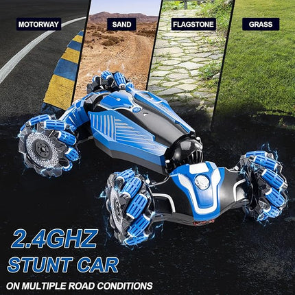 RC Stunt Car, 2.4GHz 4WD Drive Remote Controlled Gesture Sensor Toy Car, Hand Remote Control car with 360° Flipping Light and Music, Children's Toys for Boys and Girls Aged 5-13