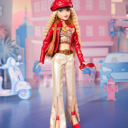 Barbie Signature My Scene Doll & Accessories, in Y2K-Inspired Outfit with Pleather Jacket, Flare Pants, Saddle Bag & Display Stand