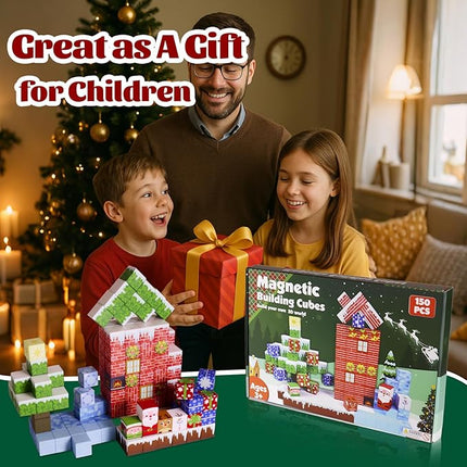 Magnetic Blocks - 150 PCS Magnets Block Sensory Educational Interactive Building Toy Set for Toddlers Kindergarten Creative STEM Learning Gift, Magnet 0.8in Tiles Construction Suit, Snow and Christmas