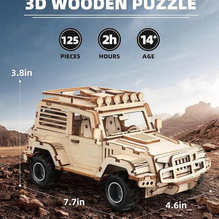 3D Wooden Puzzle Off-Road Car for Adults, Brain Teaser 3D Puzzles for Kids and Adults to Build, 125pcs Wood Craft Pull Back Truck Cars, Christmas Birthday Gift for Teens Men Women