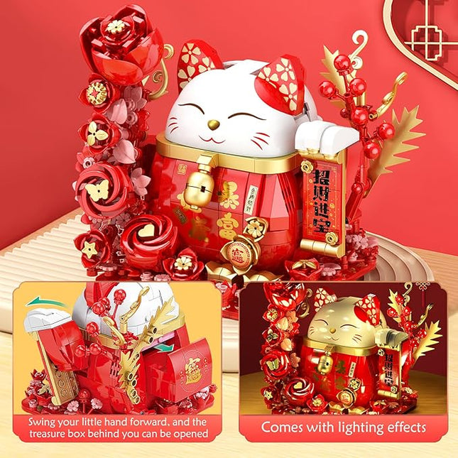 Lucky Cat Building Block Set, Compatible with Lego Cat, 868Pcs Cute Fortune Cat with Flowers Building Blocks, Christmas Birthday Creative Gift for Girls Boys Adult (Red Cat)