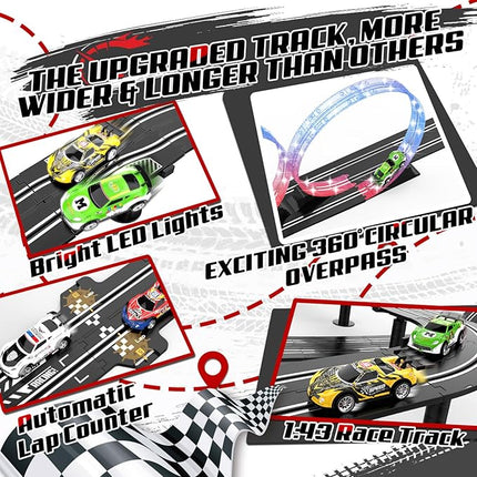 3 IN 1 Slot Car Race Track Sets with 4 High Speed Slot Cars, Electric Race Car Track Include Circular Overpass Flash Tracks, 1:43 Remote Control Track Car Game Toys Gifts for Adults Boys Ages 6 7 8-12