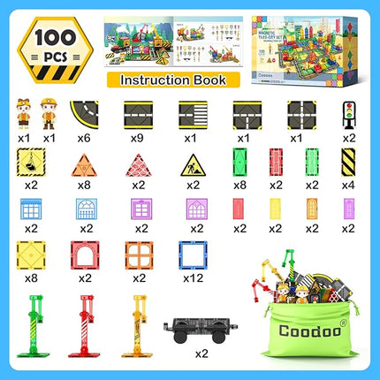 100 PCS Magnetic Tiles Road Set with 3 Cranes & 2 Cars - Magnetic Blocks City Construction Building Toys for 3+ Year Old Boys Girls Ideal Preschool Learning Outdoor Creative Toddler Kids Toys