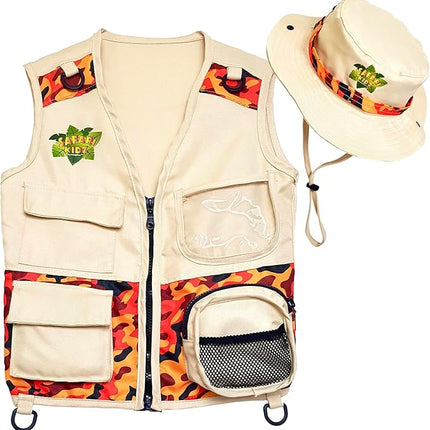 Safari Kidz Outdoor Explorer Kit - Orange Camouflage Cargo Vest and Hat Set, Backyard Nature Adventures, Washable Costume, Age 3+
