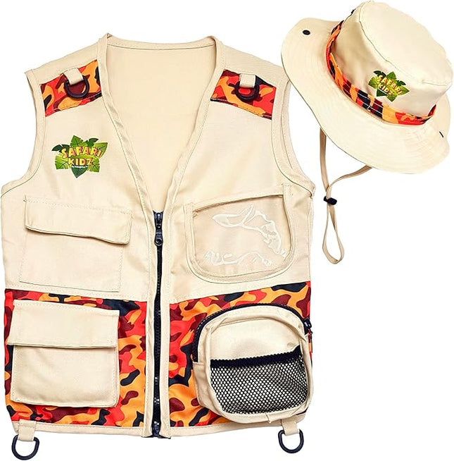 Safari Kidz Outdoor Explorer Kit - Orange Camouflage Cargo Vest and Hat Set, Backyard Nature Adventures, Washable Costume, Age 3+