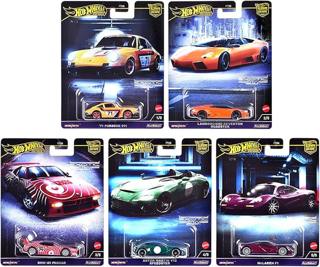 Hot Wheels Car Culture 2024 Exotic Envy Complete 5‑Pack | ‘71 Porsche 911, Lamborghini Reventón, BMW M1 Procar, Aston Martin V12 Speedster & McLaren F1 | (FPY86-959G) Die-Cast Vehicles – Ages 3+