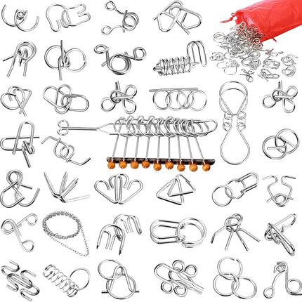 Yilloog Metal Brain Teaser Puzzles Set of 36 with Pouch, Steel IQ Games Physics Mind Metal Puzzles for Adults Basket Stocking Stuffers for Adults Challenge Gifts(Medium)