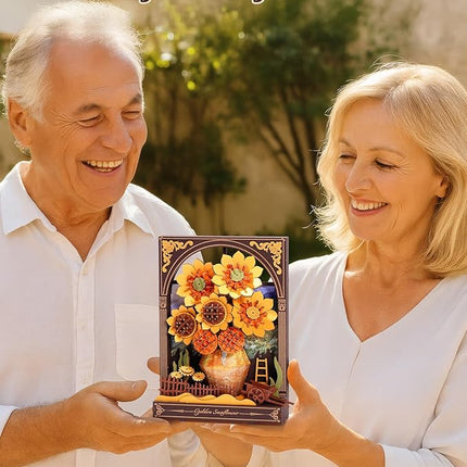 Wowood 3D Wooden Puzzles for Adults - Van Gogh Golden Sunflower DIY Model Building Kits with LED Light - Home Decor, Wall Art & Unique Creative Gifts for Art Lovers