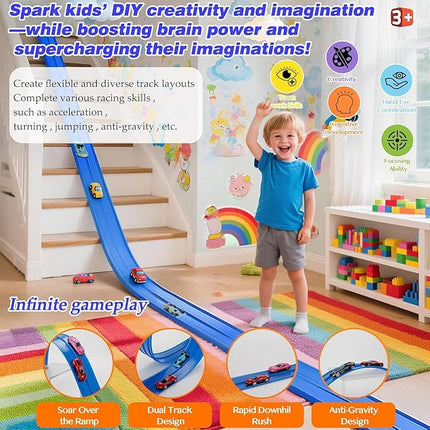 15 Ft Flexible Race Car Track for Kids, Rolls Up Portable Race Tracks with 6 Car & Suction Cups, Compatible with Hot Wheels and Diecast 1/64th Cars, Birthday Gifts for Boys Girls