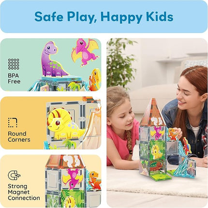PicassoTiles 38pcs Magnet Tiles Building Blocks Dinosaur Theme Set with 8 Magnetized Action Figures Magnetic Construction Build and Play Toy with Magnets STEM Learning Activities for Toddlers 3+ PTQ13