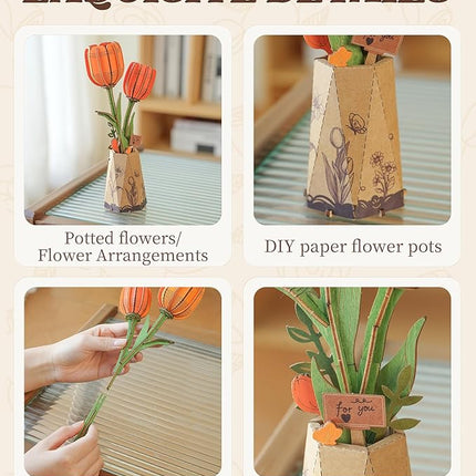 rowood Wooden Flower,DIY Artifical Flower Building Set Craft Kit for Adults,Mother's Day/Valentine's Day for Mom/Women/Grandma-Orange Tulip