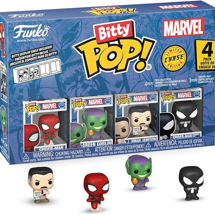 Funko Pop! Bitty: Spider-Man - Spider-Man, Green Goblin, J Jonah Jameson, and Mystery Chase Figure - 0.9 Inch (2.2 Cm) - Marvel Comics Collectable - Stackable Display Shelf Included - Gift Idea