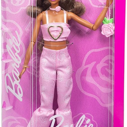 Barbie Deluxe Style Doll #12 in Pink Denim Crop Top with Matching Rose Print Flare Jeans, Wavy Brown Hair, Accessories Like Rose Handbag and Jewelry
