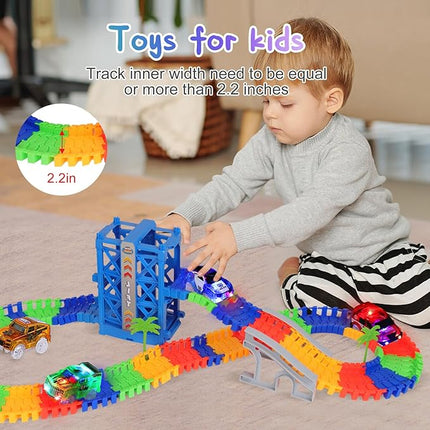Tracks Cars Magic Light Up Track Cars Toy Glow in The Dark for 3 4 5 6 7 8 Kids Boy Girl, Race Cars with 5 LED Flashing Light Battery Operated Vehicle Compatible w/Most Tracks (4Pcs)