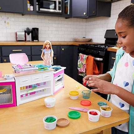 Barbie Kitchen Playset with Doll, Lights & Sounds, Food Molds, 5 Dough Colors and 20+ Accessories
