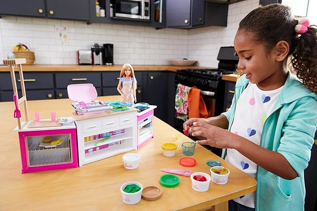 Barbie Kitchen Playset with Doll, Lights & Sounds, Food Molds, 5 Dough Colors and 20+ Accessories