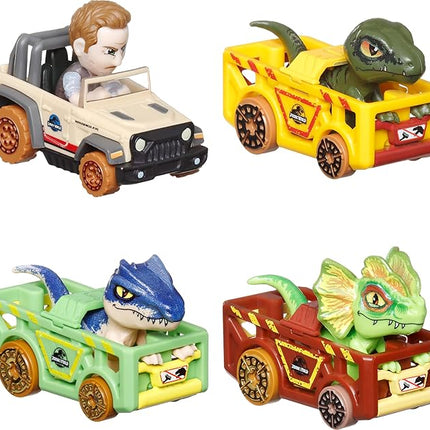 Hot Wheels Toy Cars, RacerVerse 4-Pack of Die-Cast Vehicles Featuring Jurassic World Characters Charlie, Owen, Dilophosaurus & Allosaurus as Drivers